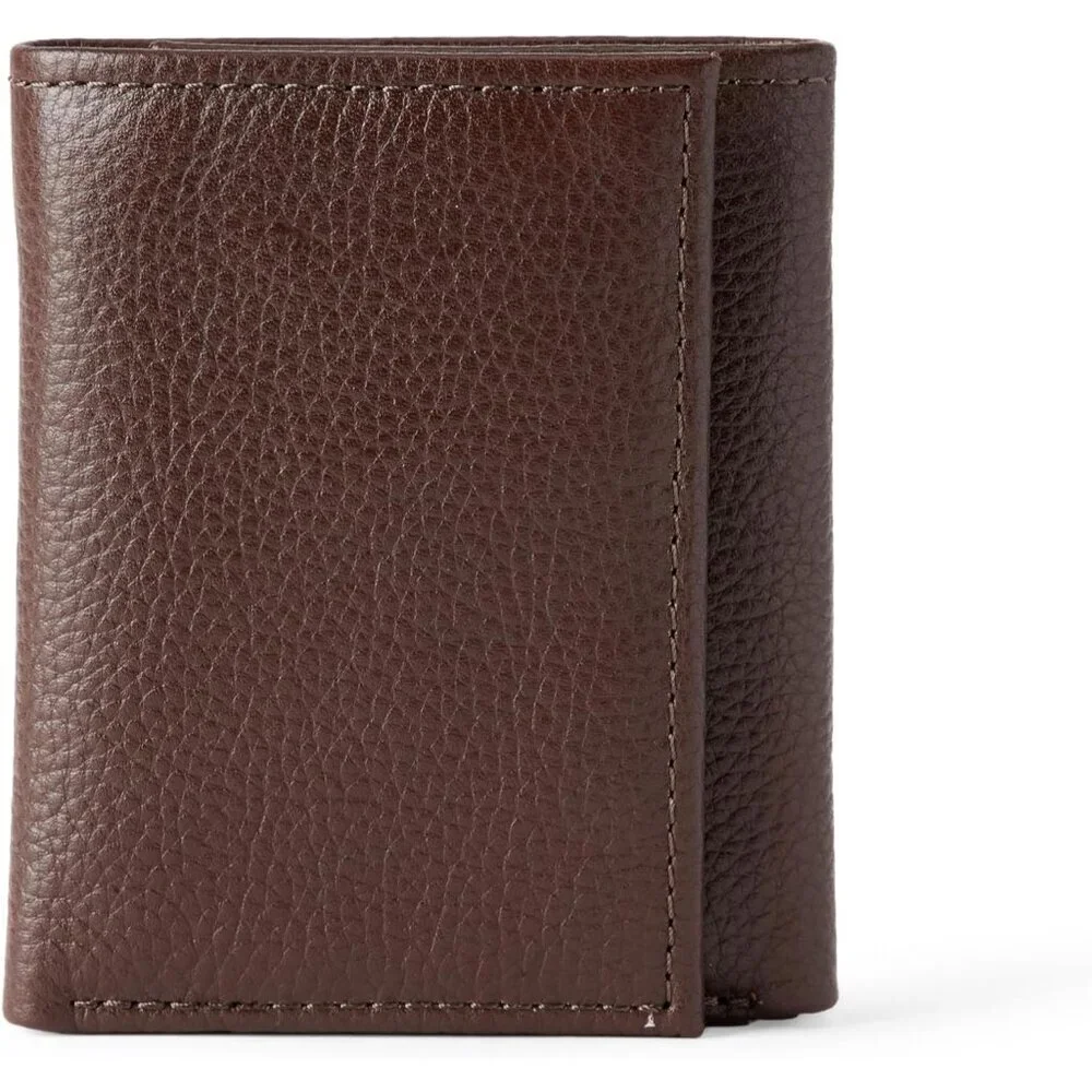Men's Classic Grain Leather Lined Cotton Brown Wallet Card Style Slip Pocket
